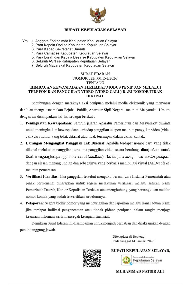 Bupati Selayar Imbau ASN dan Masyarakat Waspadai Modus Penipuan Lewat Telepon dan Video Call
